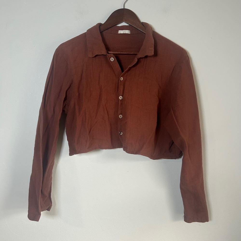 Weaver Cropped‎ Button Down Shirt Womens OS Rust Brown Long Sleeve Raw Hem Boho